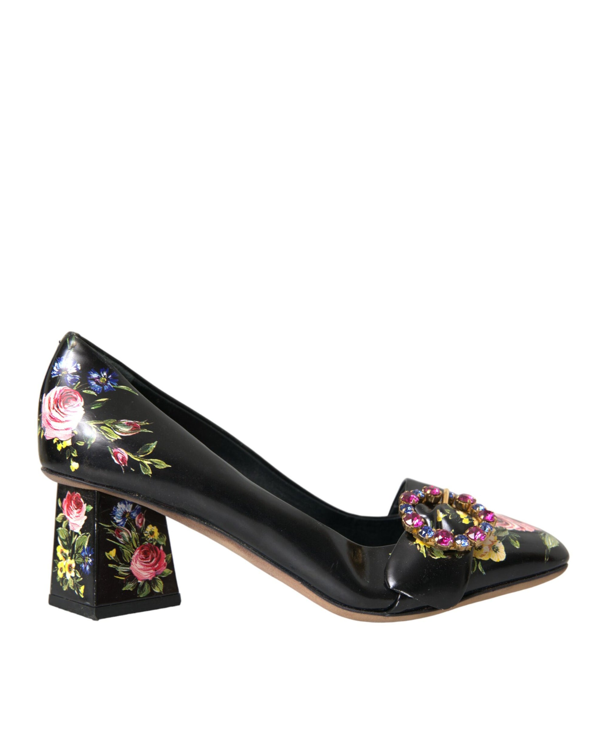 Black Floral Crystals Leather Pumps Shoes