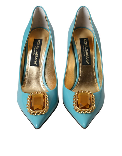 Blue Gold Leather Crystals Heels Pumps Shoes