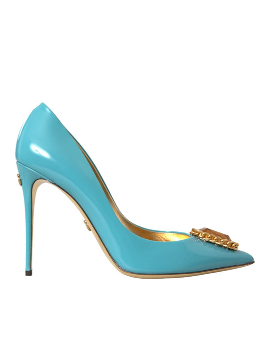 Blue Gold Leather Crystals Heels Pumps Shoes