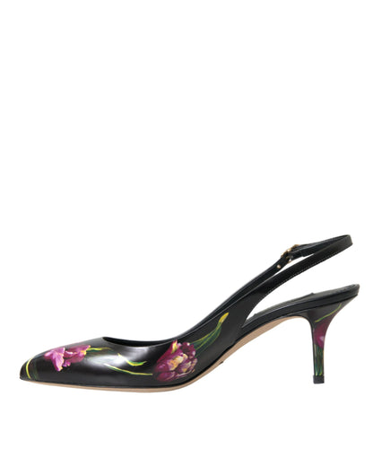 Black Floral Leather Heels Slingback Shoes