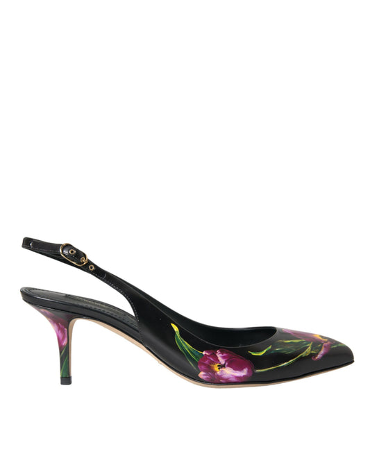 Black Floral Leather Heels Slingback Shoes