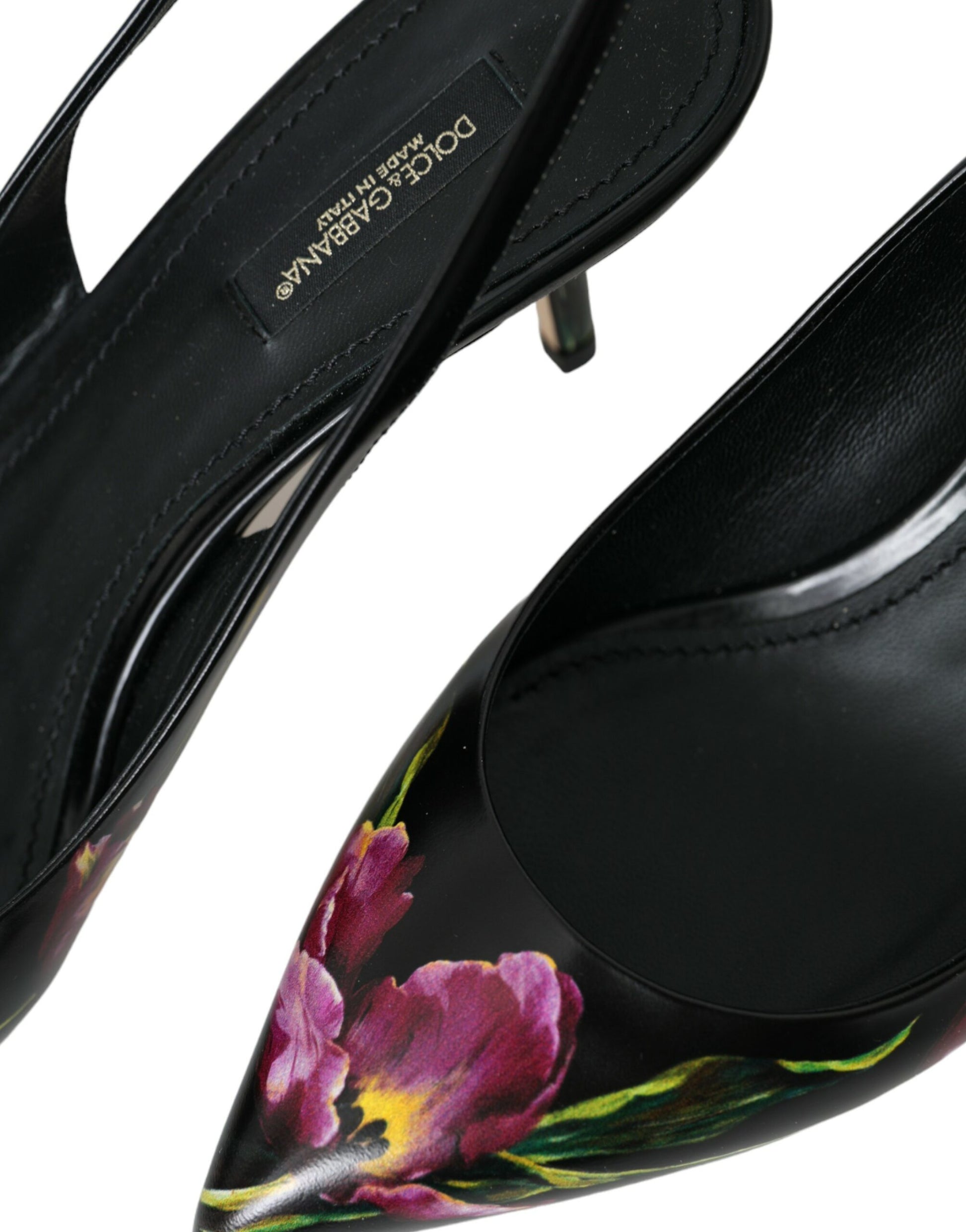 Black Floral Leather Heels Slingback Shoes