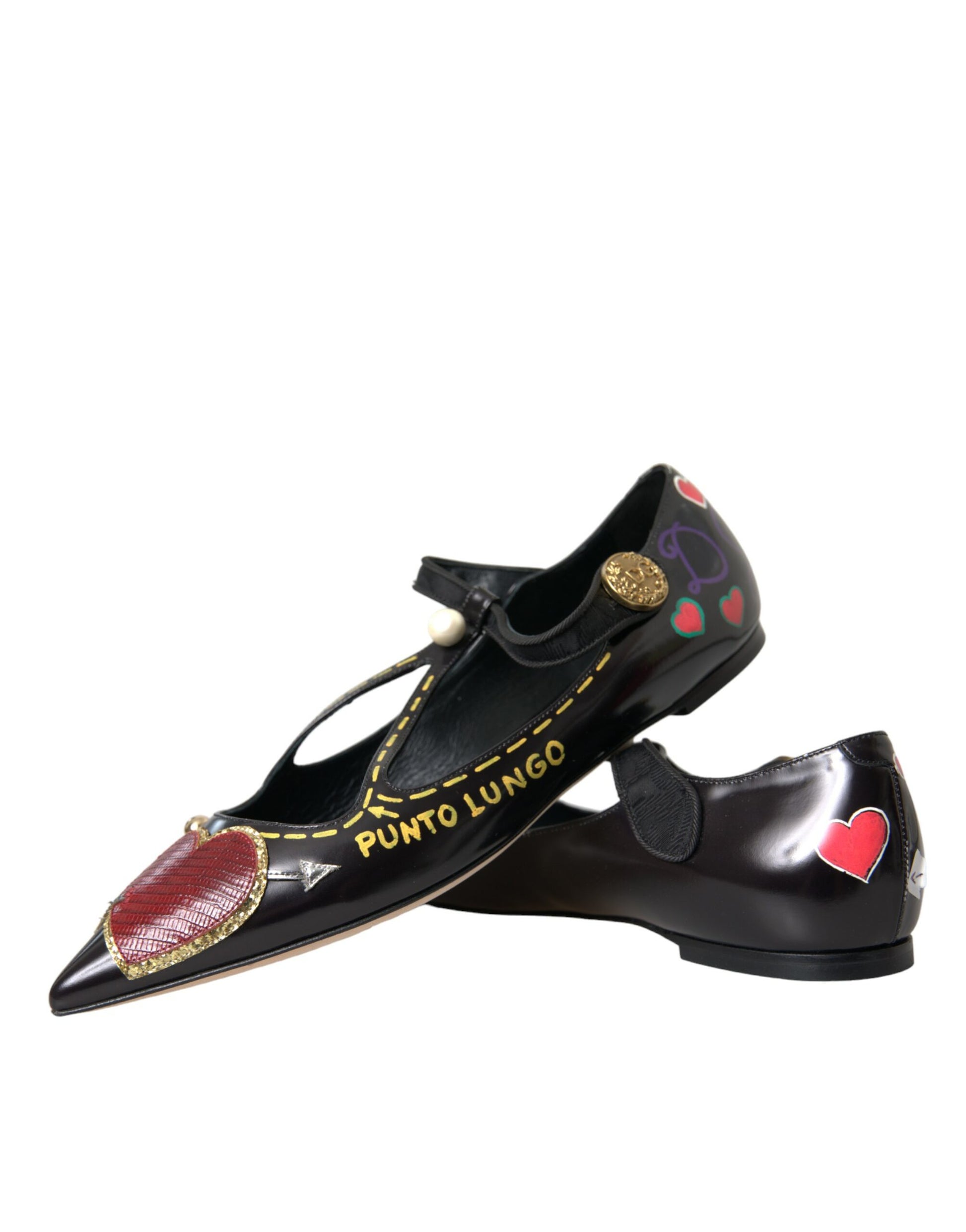 Black Leather Heart Embellished Loafers Shoes