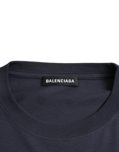 Dark Blue Cotton Logo Crew Neck Short Sleeves T-shirt