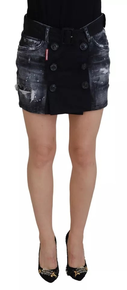 Black Distressed Mid Waist A-line Denim Mini Skirt