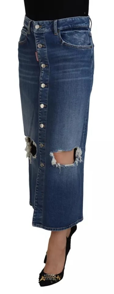 Blue Distressed High Waist Pencil Cut Denim Skirt