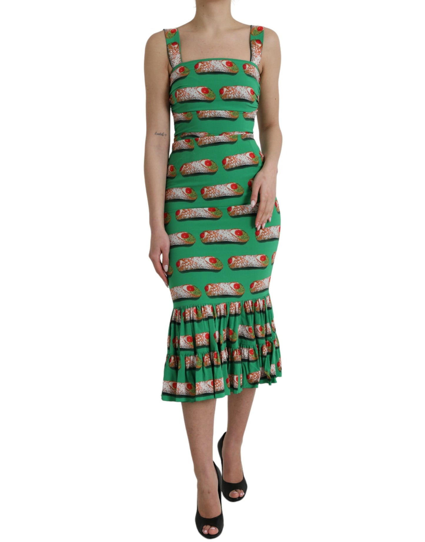 Green Cannoli Print Silk Ruched Midi Dress