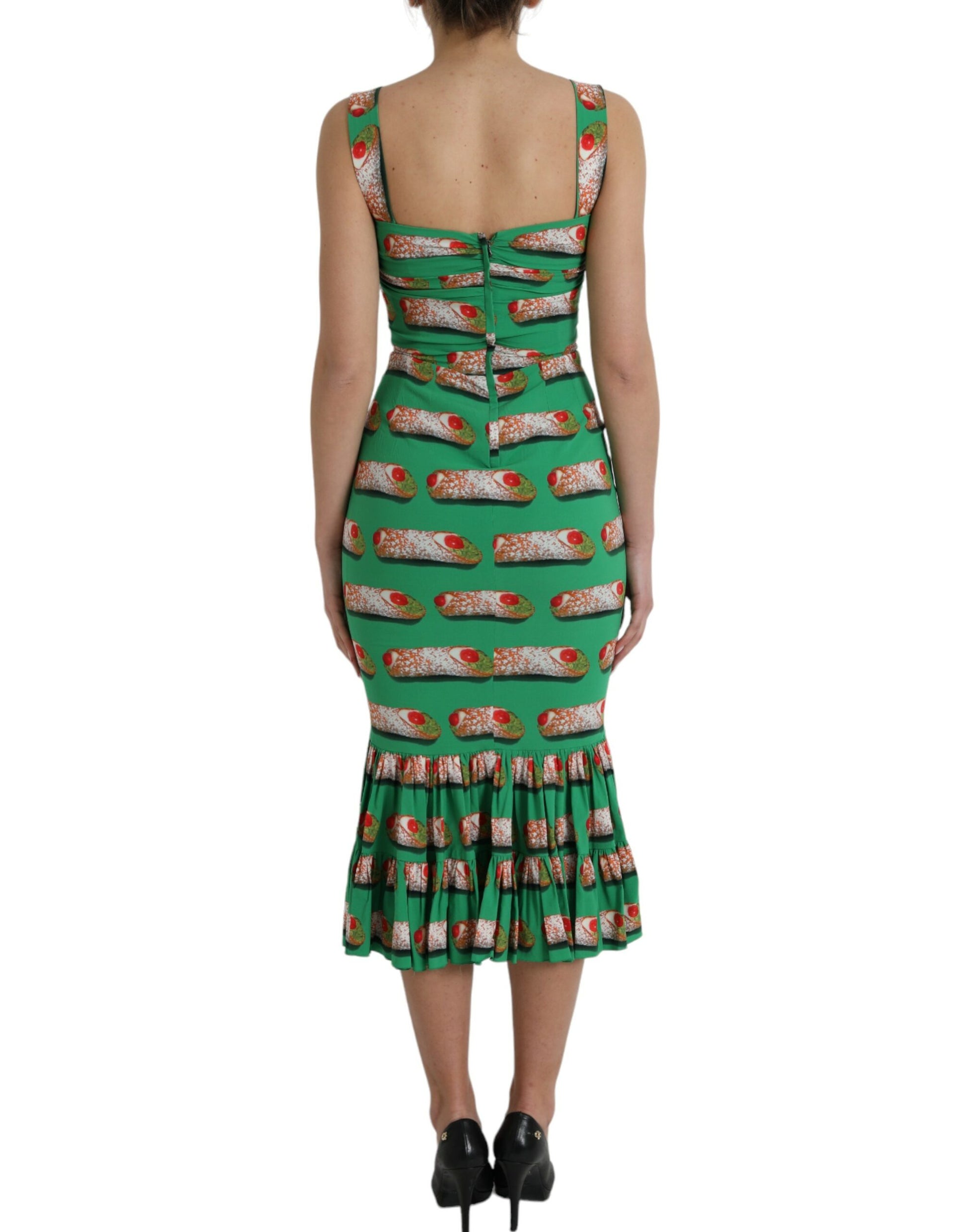 Green Cannoli Print Silk Ruched Midi Dress