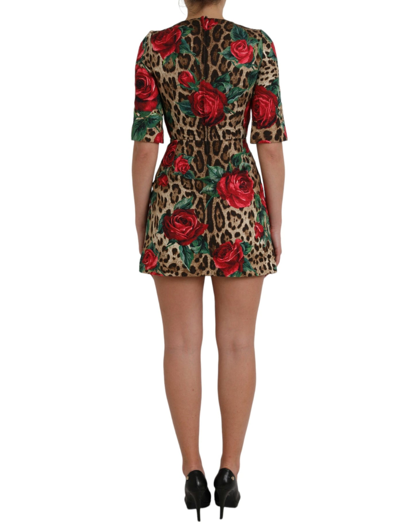 Brown Leopard Red Roses Cotton A-line Dress