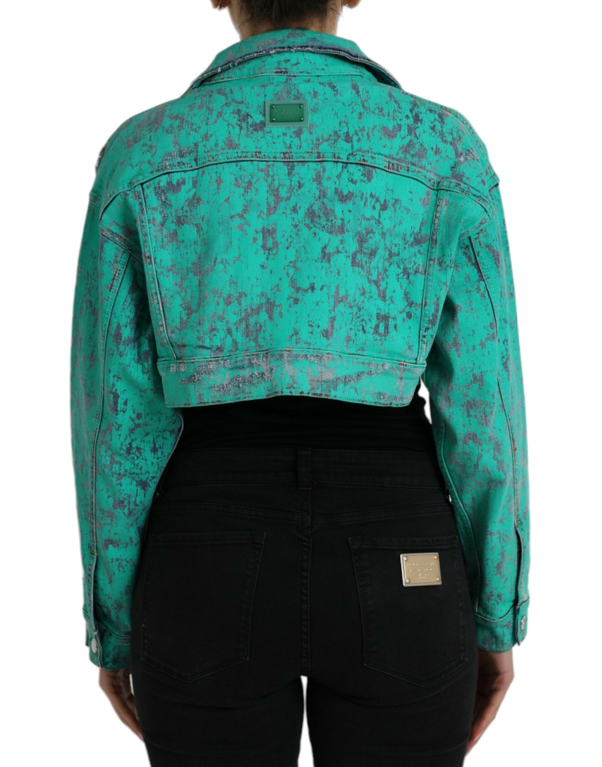 Green Cotton Tie Dye Cropped Cropped Denim Jacket