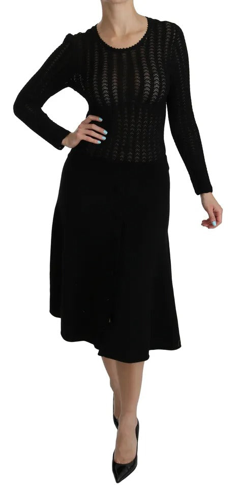 Black Cashmere Long Sleeve Sheath Midi Dress