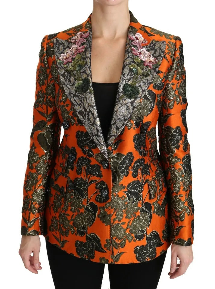 Orange Floral Brocade Coat Blazer Jacket