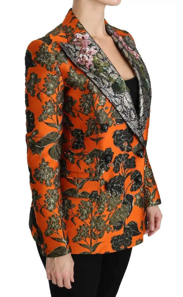 Orange Floral Brocade Coat Blazer Jacket