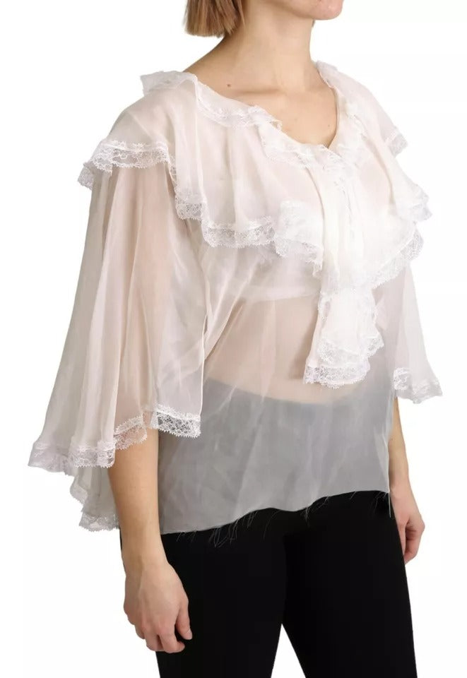 White Lace Vneck 3/4 Sleeve Blouse Silk Top