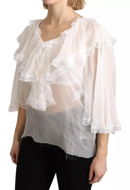 White Lace Vneck 3/4 Sleeve Blouse Silk Top