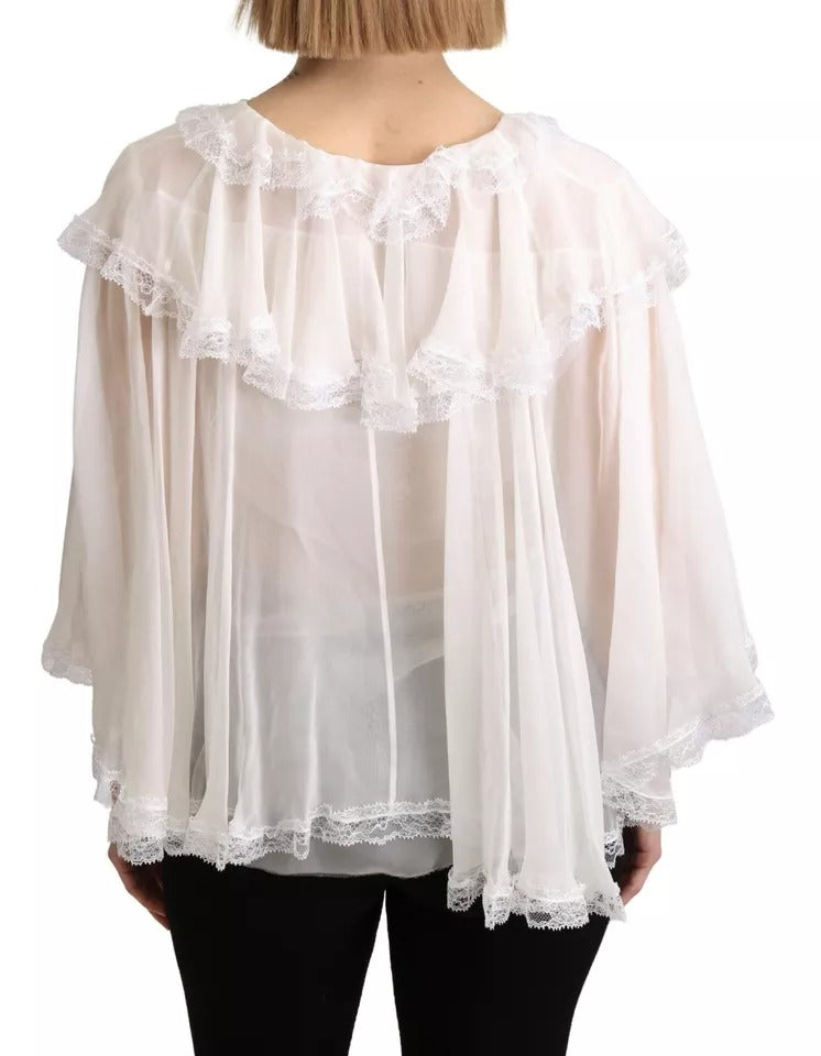 White Lace Vneck 3/4 Sleeve Blouse Silk Top