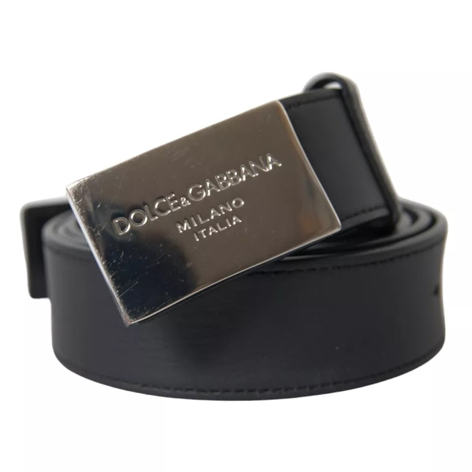 Black Leather Silver Rectangle Buckle Belt