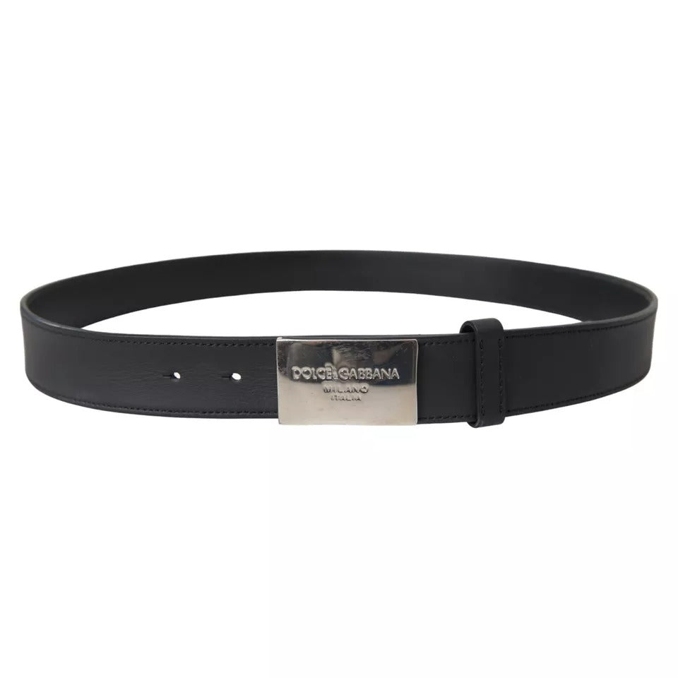 Black Leather Silver Rectangle Buckle Belt