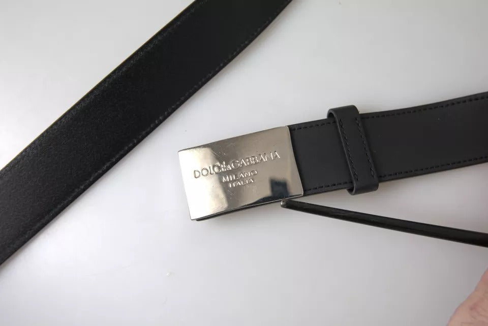 Black Leather Silver Rectangle Buckle Belt