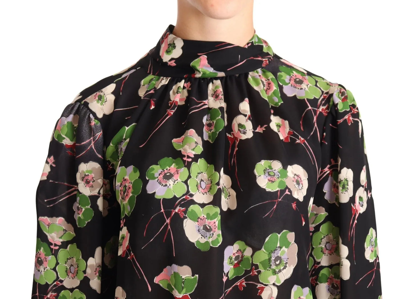 Silk Black Floral Print Long Sleeve Top Blouse