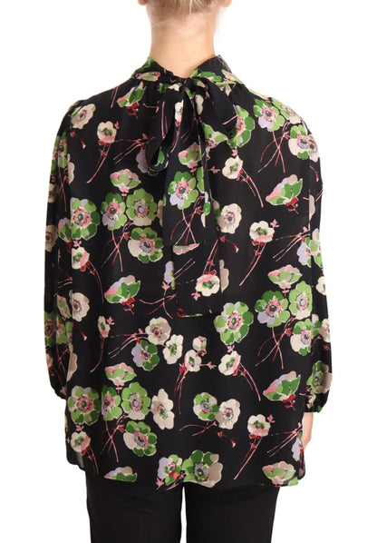 Silk Black Floral Print Long Sleeve Top Blouse