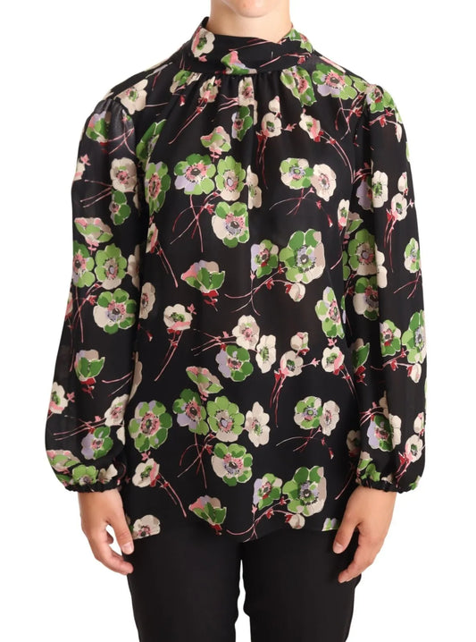 Silk Black Floral Print Long Sleeve Top Blouse