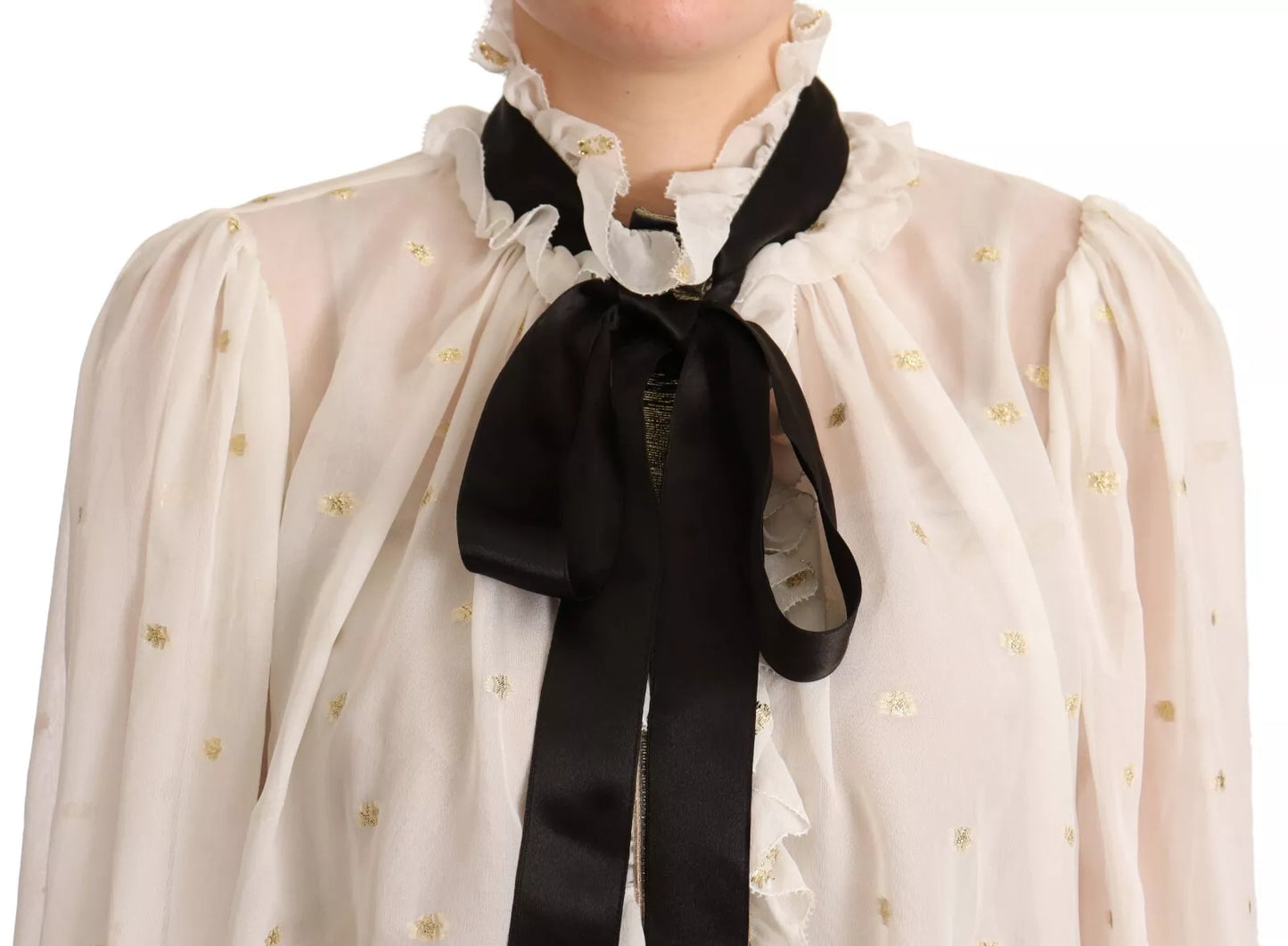 Off White Silk Blend Ascot Collar Blouse Top