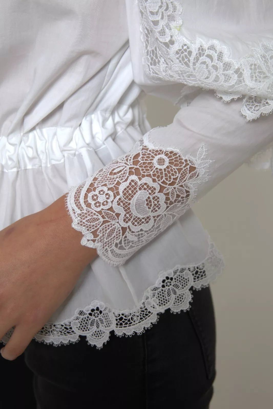 White Cotton Lace Trim Turtle Neck Blouse