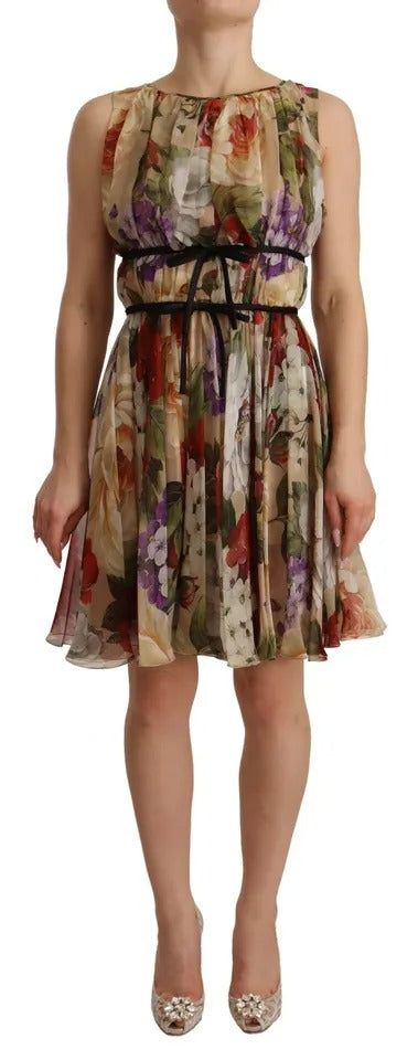 Beige Floral Sleeveless Round Neck Mini Dress