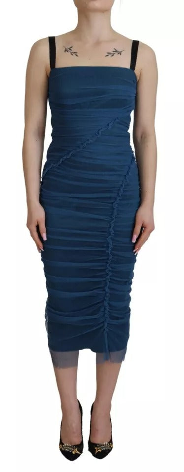 Blue Mesh Trim Ruched Tulle Sheath Dress