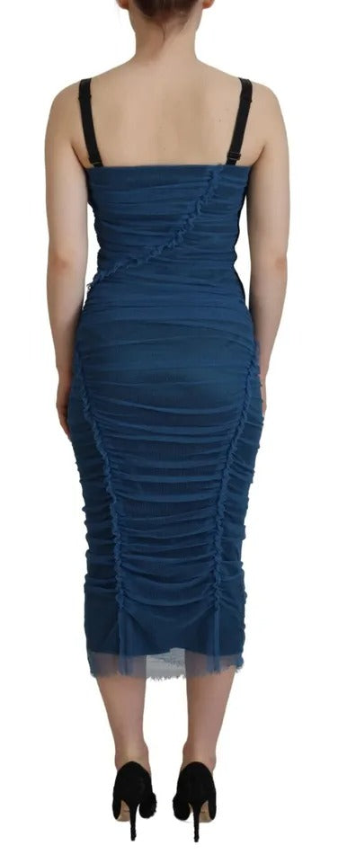 Blue Mesh Trim Ruched Tulle Sheath Dress