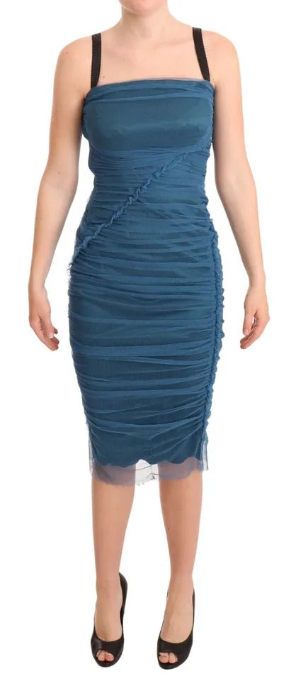 Blue Mesh Trim Ruched Tulle Sheath Dress