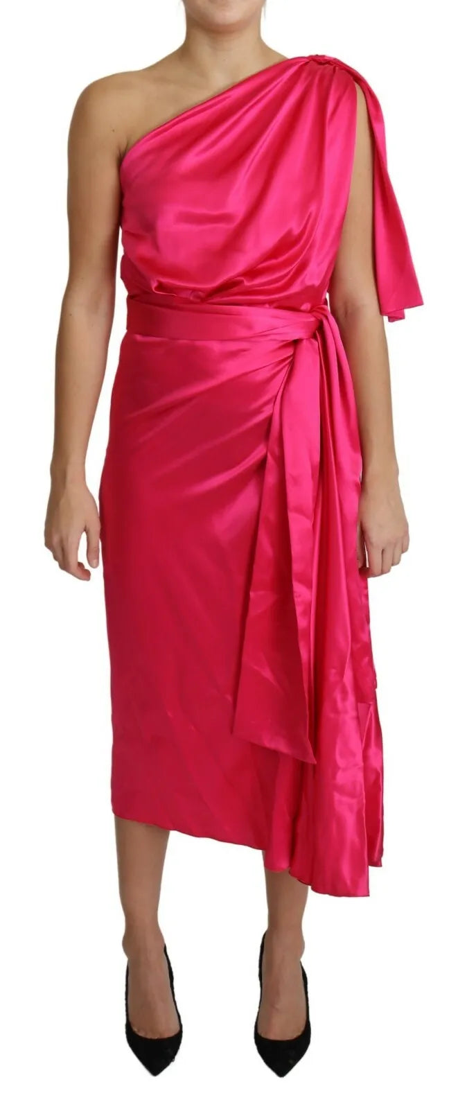 Fuchsia Fitted Cut One Shoulder Midi Dress