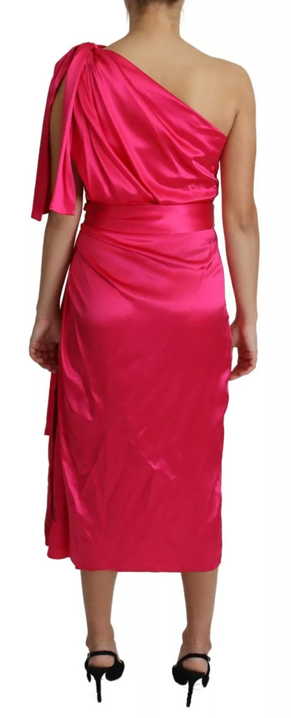 Fuchsia Fitted Cut One Shoulder Midi Dress