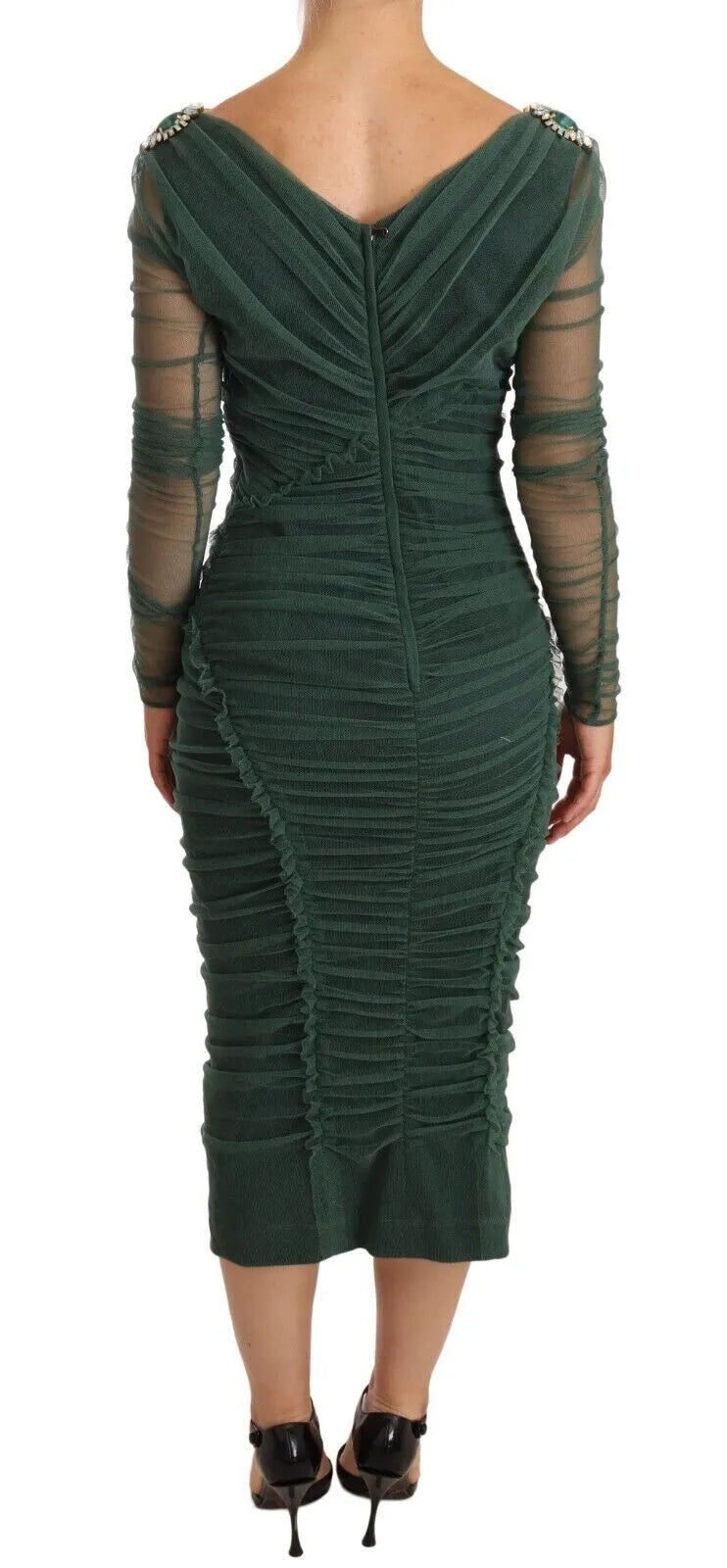 Green Mesh Crystal Ruched Tulle Midi Dress