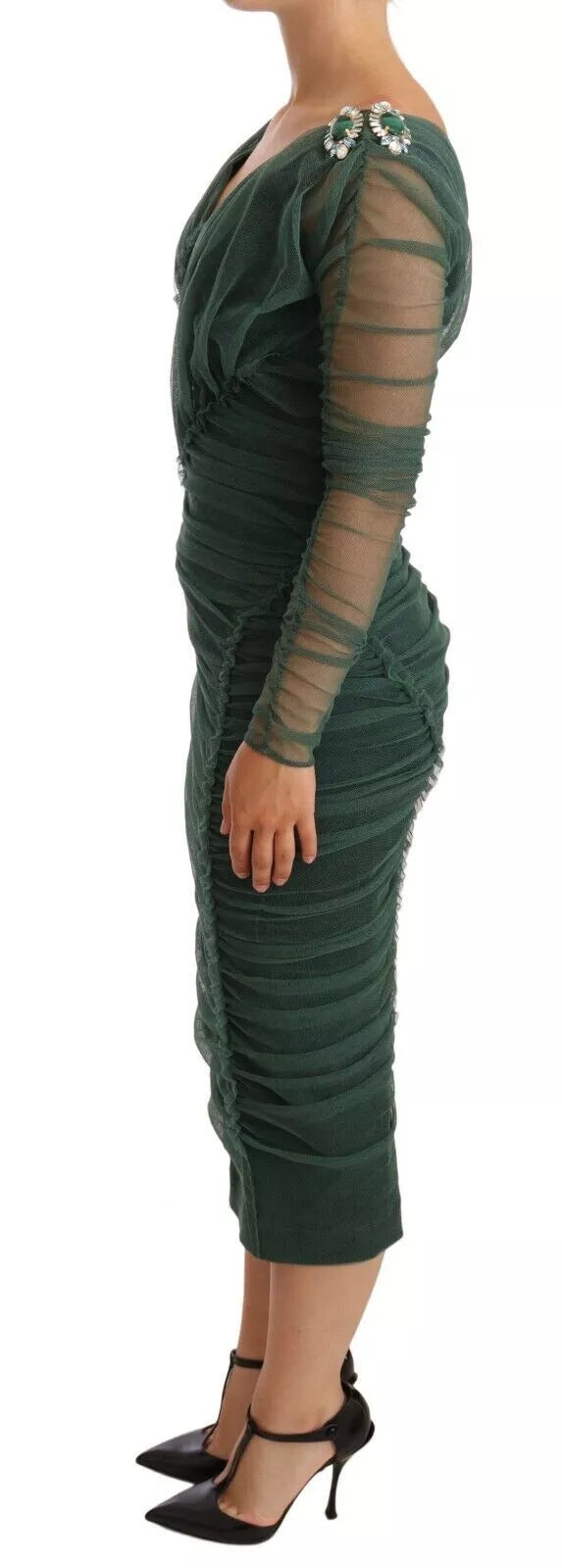 Green Mesh Crystal Ruched Tulle Midi Dress