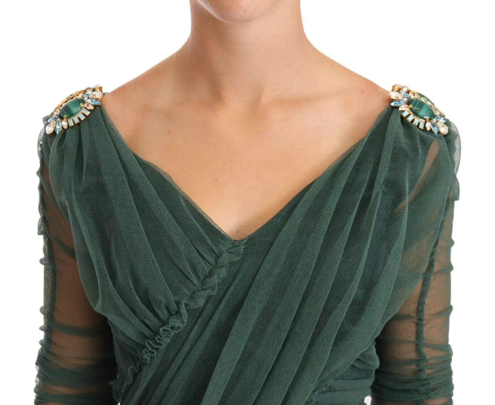 Green Mesh Crystal Ruched Tulle Midi Dress