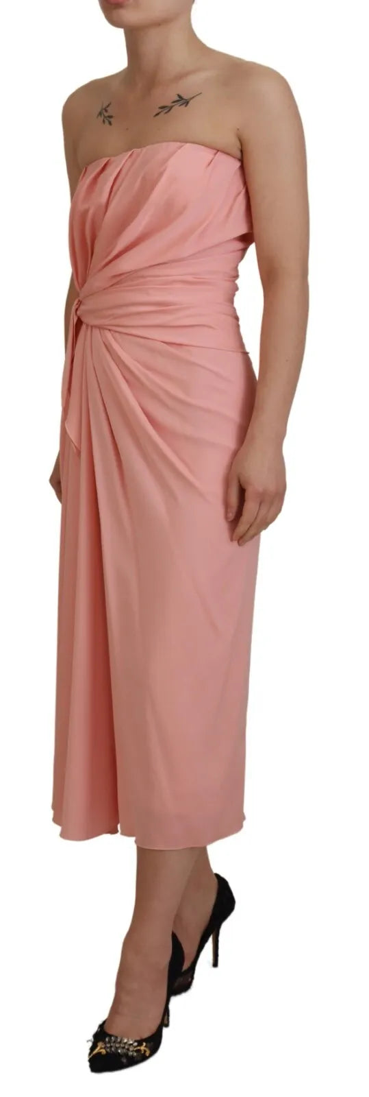 Pink Silk Stretch Strapless Sheath Midi Dress