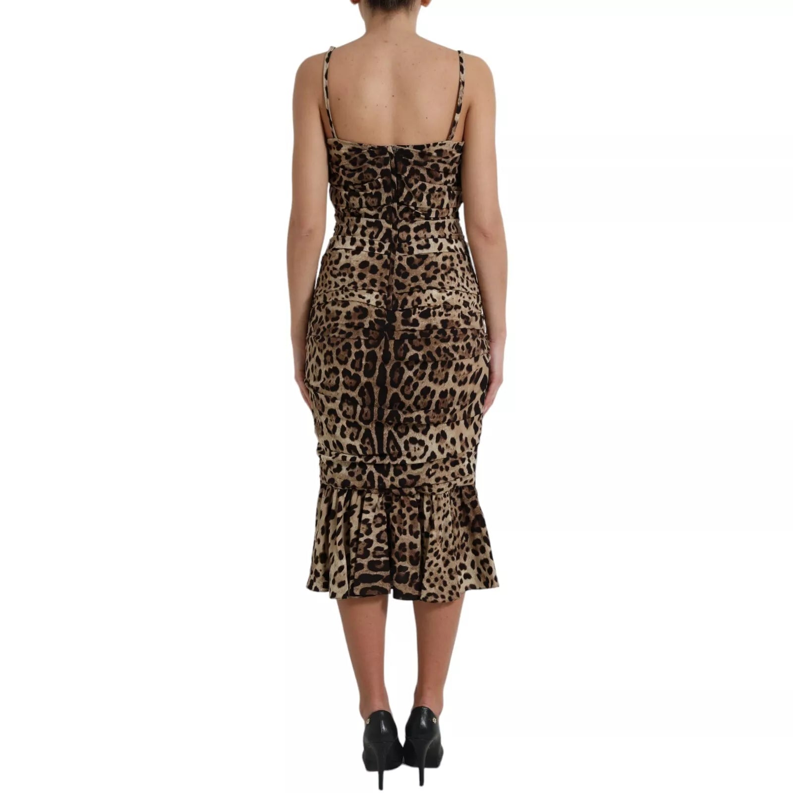 Silk Brown Leopard Print Ruched Midi Dress