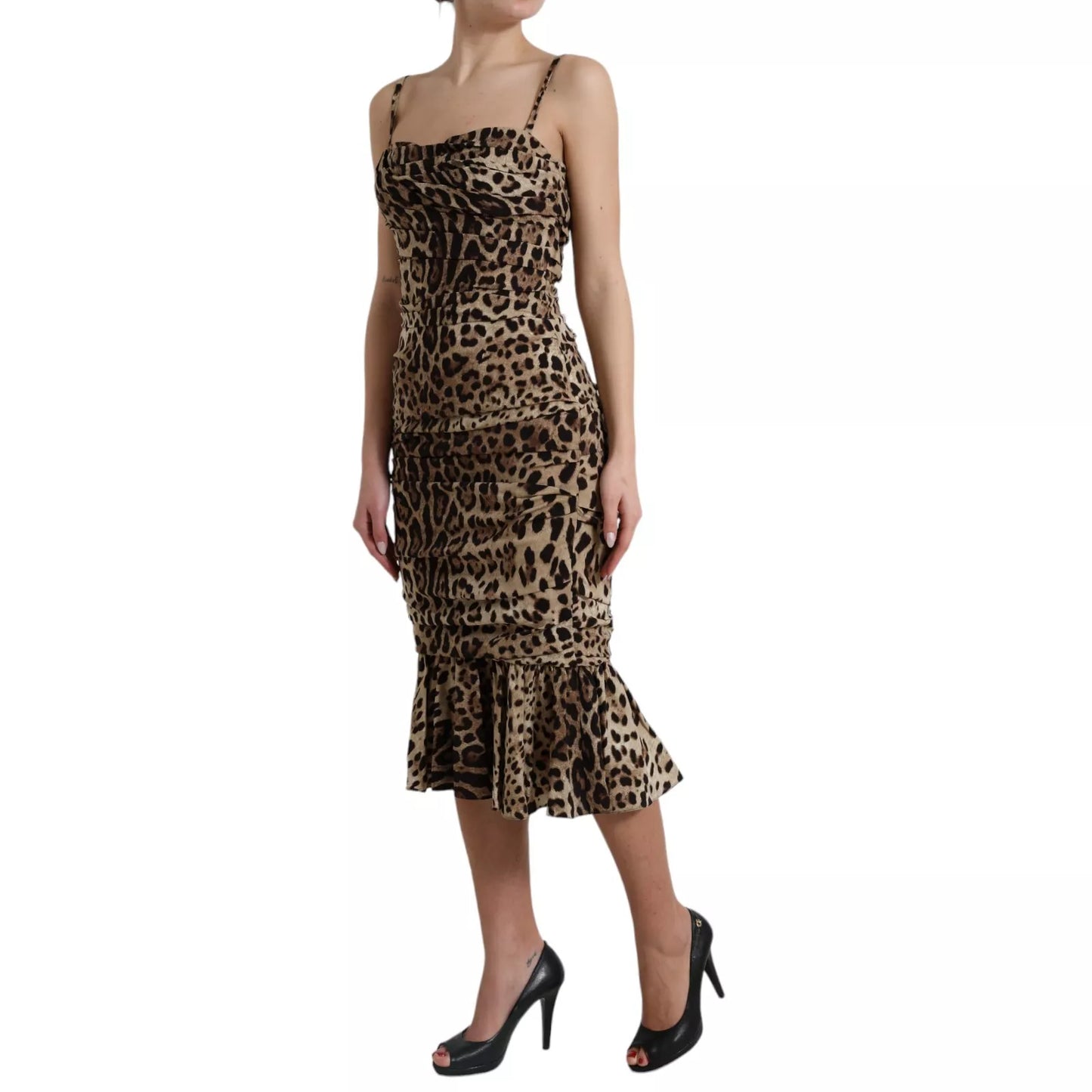 Silk Brown Leopard Print Ruched Midi Dress