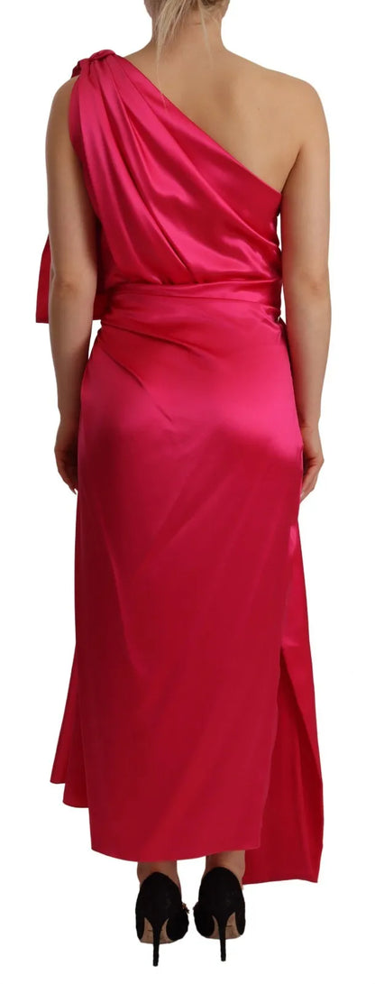 Silk Pink Fitted Cut One Shoulder Midi Dress