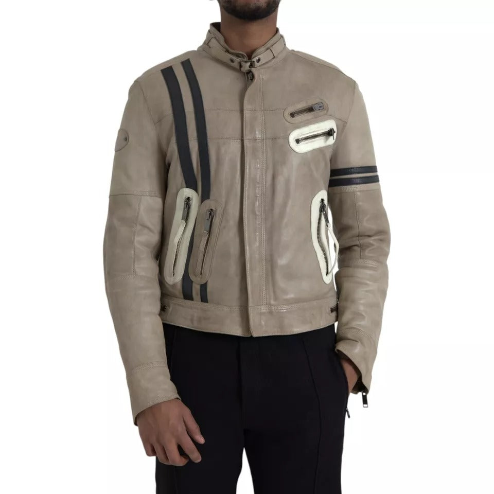 Beige Leather Full Zip Biker Coat Jacket