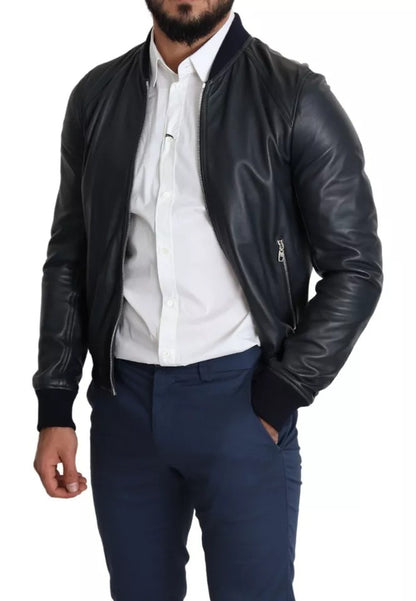 Black Leather Full Zip Men Bomber Jacket