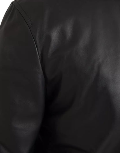 Black Bomber Leather Full Zip Biker Blouson Jacket