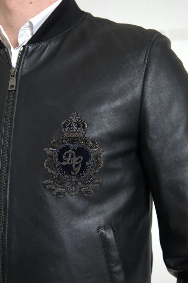 Black Leather Logo Embroidery Full Zip Jacket