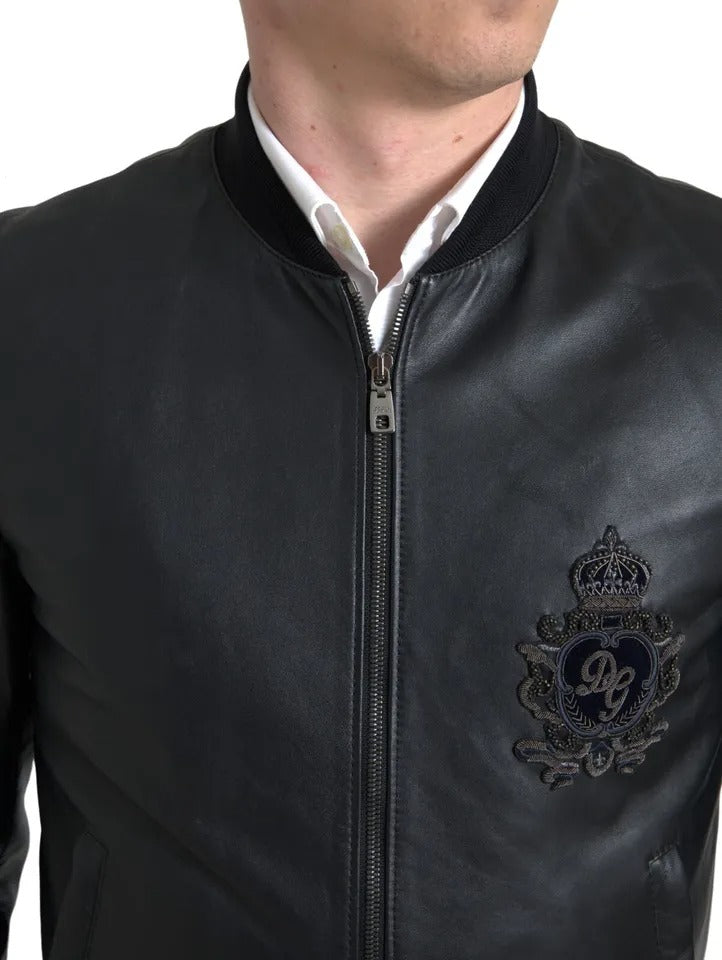 Black Leather Logo Embroidery Full Zip Jacket