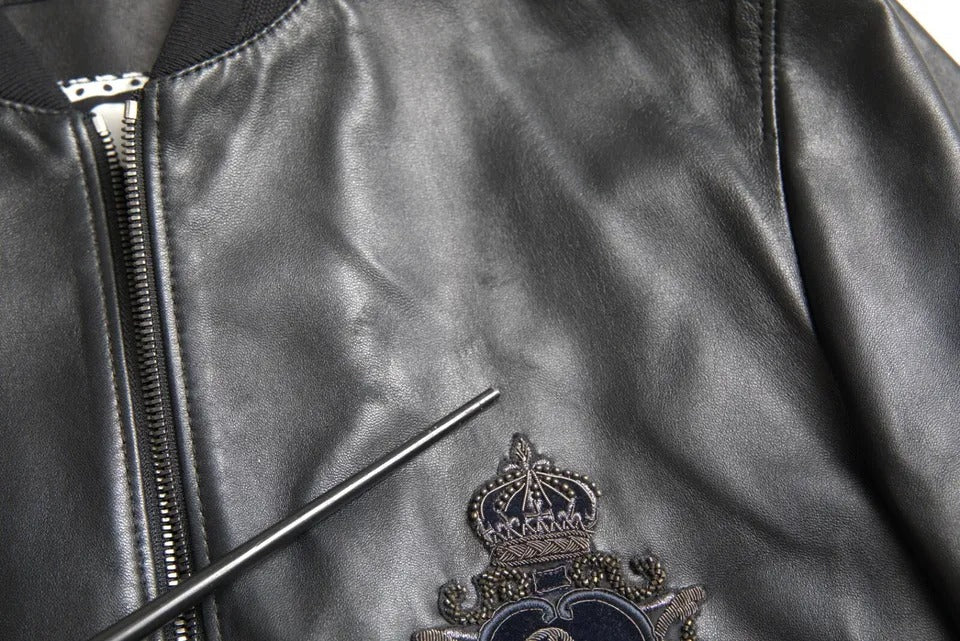 Black Leather Logo Embroidery Full Zip Jacket