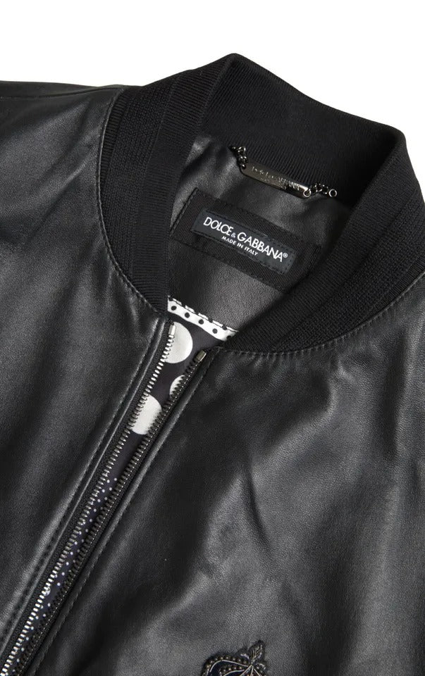 Black Leather Logo Embroidery Full Zip Jacket