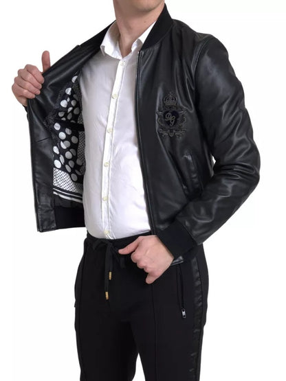 Black Leather Logo Embroidery Full Zip Jacket