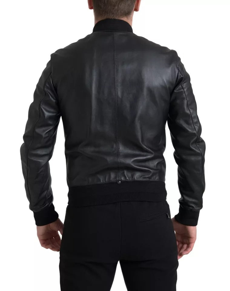 Black Leather Logo Embroidery Full Zip Jacket